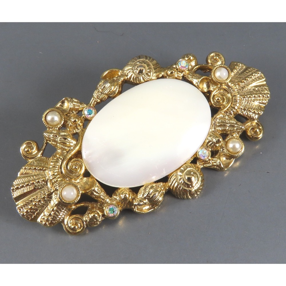 Vintage 1928 BAR BROOCH PIN White Center AB RHINESTONES Faux Pearls GOLD TONE